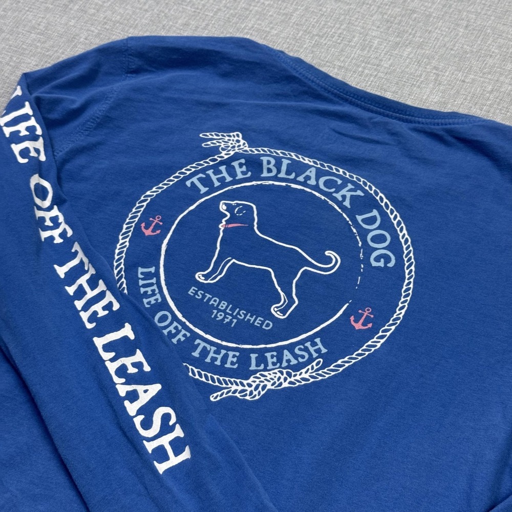 The Black Dog T-Shirt Womens XS Blue Long Sleeve Crew Neck Logo Sleeve Print